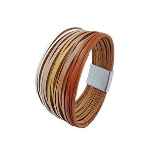 Multi-Strand Tan & Gold Leather Wrap Bracelet with Leopard Accent – Last One